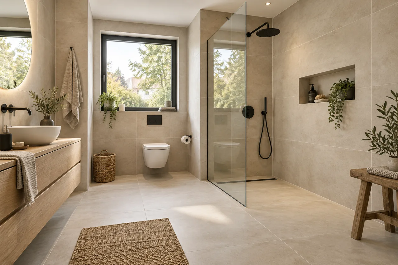 Bad in warmer Steinoptik mit bodengleicher Dusche – KI-generiertes Gestaltungsbeispiel