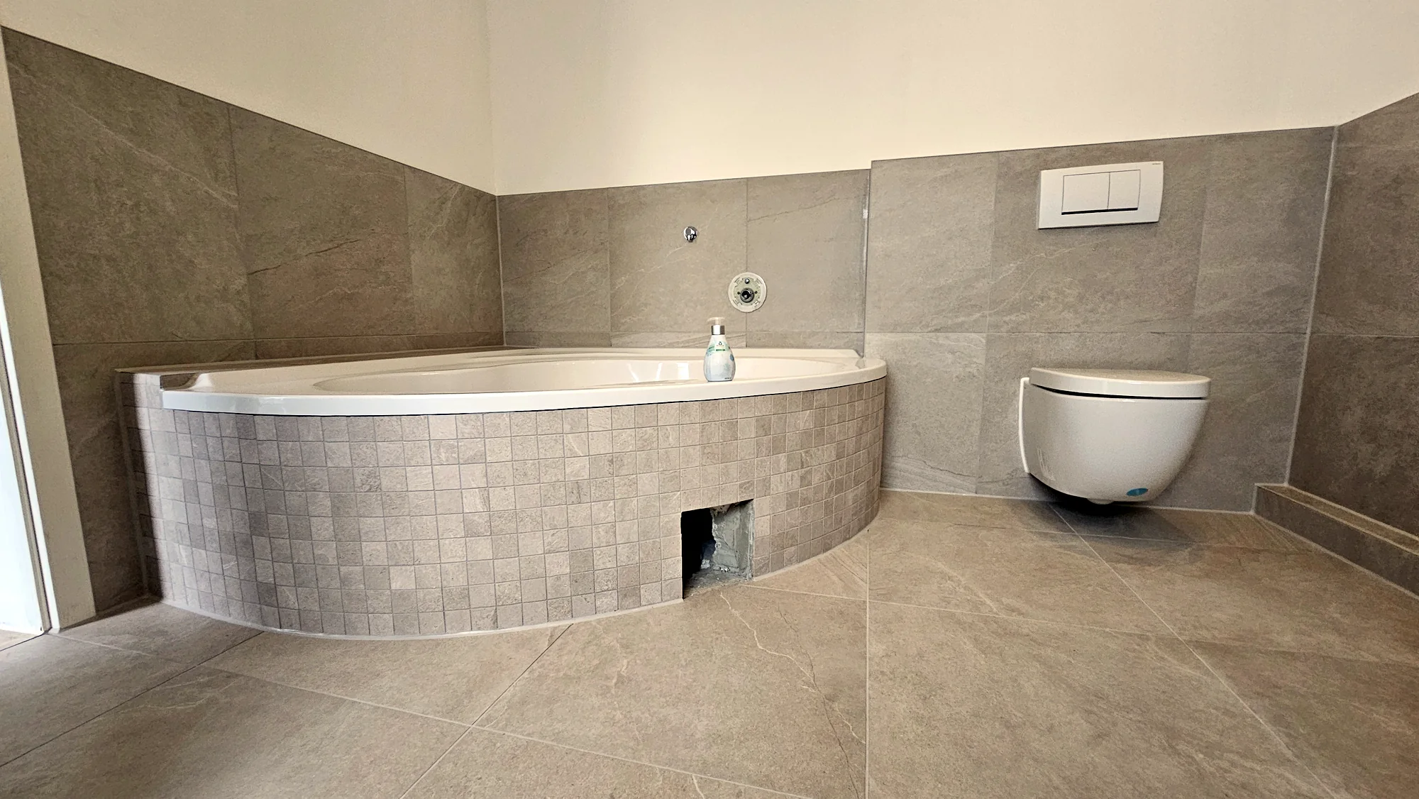 Badewanne mit farbgleichen Mosaikfliesen und 60x60 cm Badfliesen in Hannover