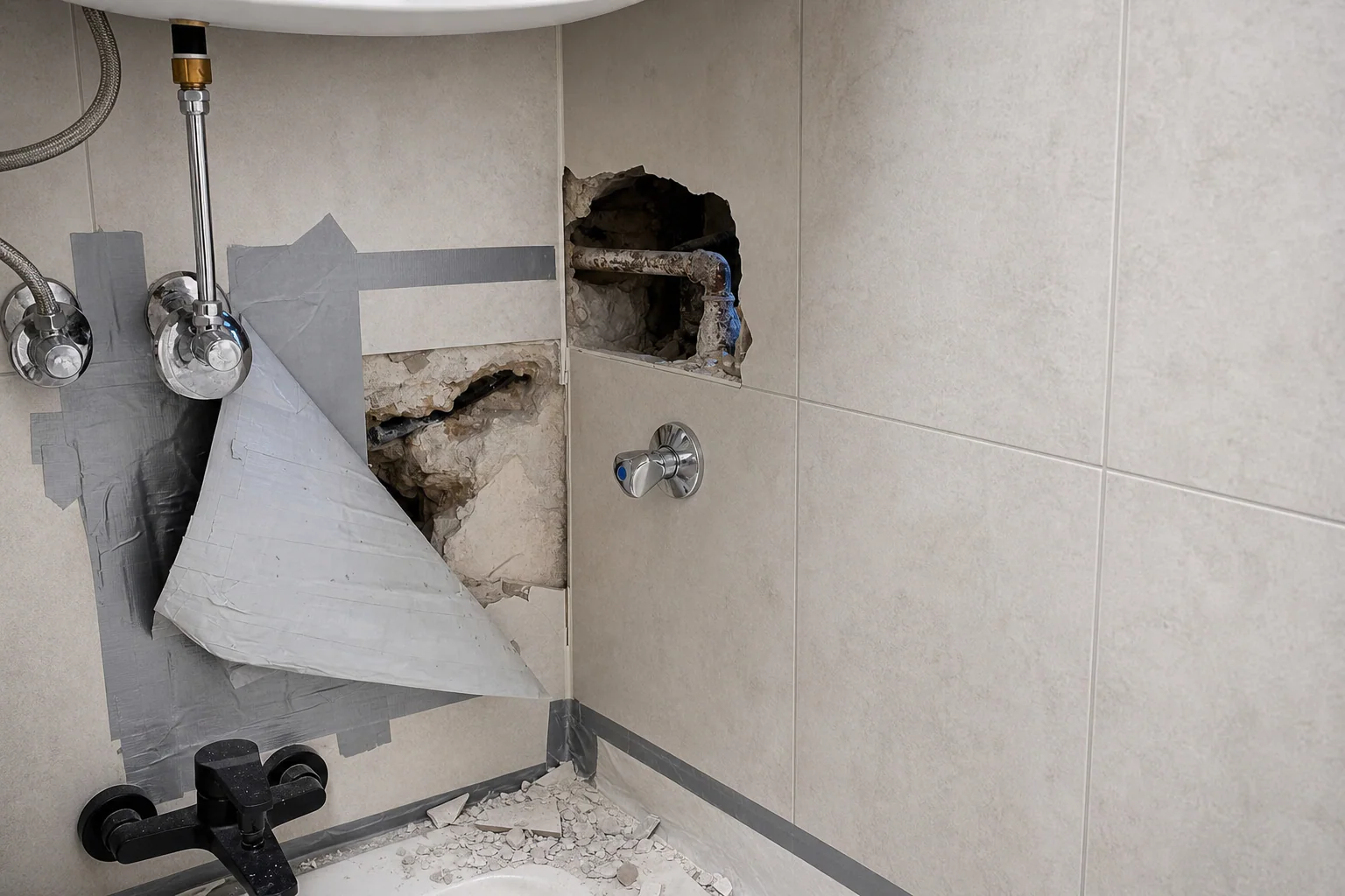 Eigene Reparatur: beschädigter Fliesenbereich an der Badewanne vor der Arbeit